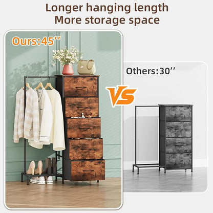 Somdot Dresser with Hanging Rack, 5 Drawers Small Closet - Image 8