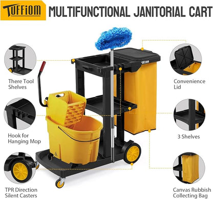 TUFFIOM Commercial Traditional Cleaning 3-Shelf Janitorial Cart, 500 Lbs - Image 2