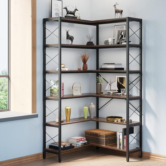 6-Shelf Corner Bookshelf, Vintage Industrial CornerBookshelf Etagere Bookcase by WildhomeYourHomeFurnishingSolution