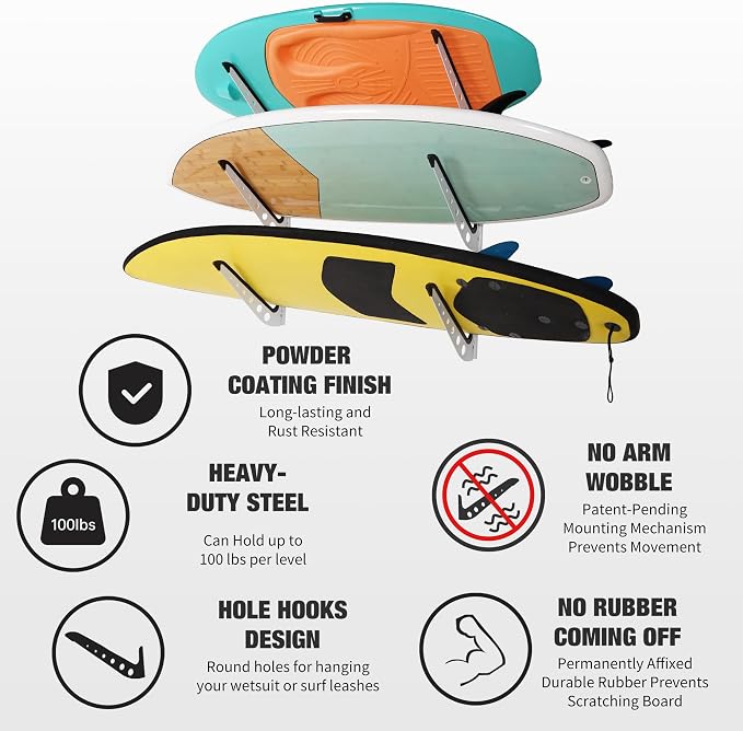 3 Board Surf Rack Wall Mount for Surfboard, Snowboard Storage Adjustable Wall - Image 3
