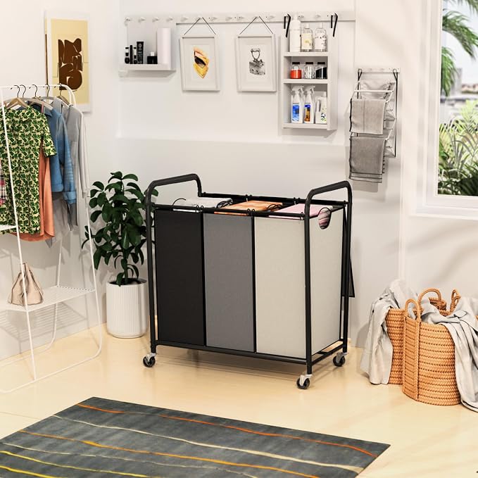 180L Laundry Sorter 3 Section, Rolling Laundry Basket - Image 7