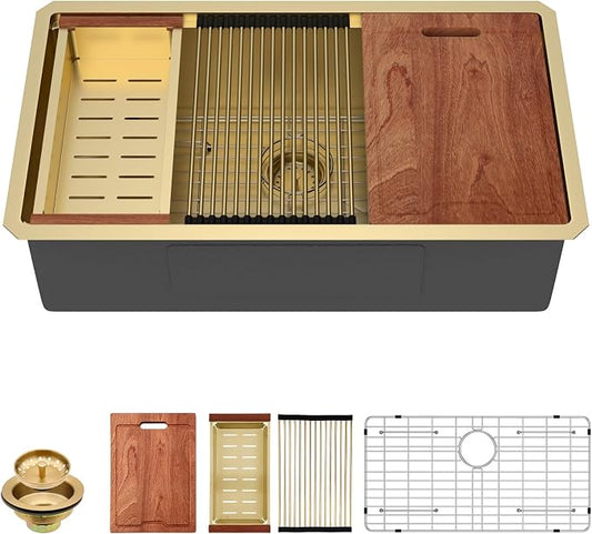 Lordear Gold Undermount Kitchen Sink 33" x 19" Stainless Steel Sinks 16 Gauge by LORDEAR