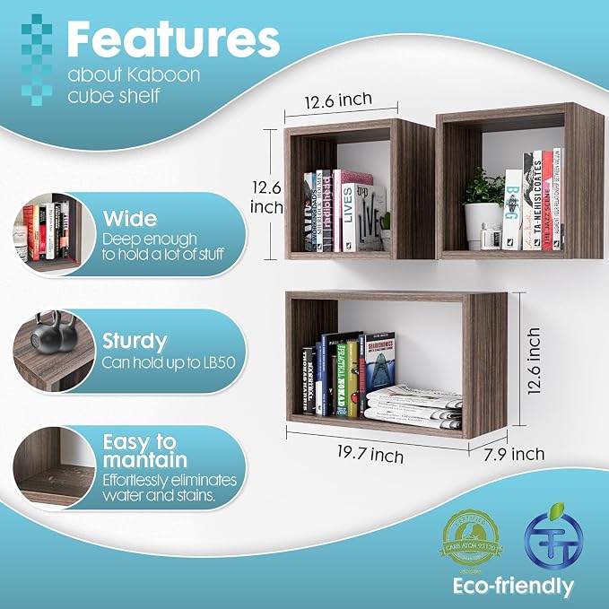 Kaboon Wall Mount Shelf Set of 3, Floating Cube Shelves - Image 2