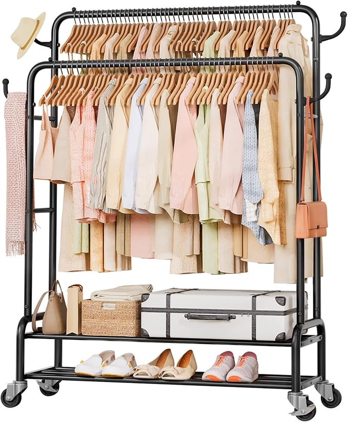 Homde Heavy Duty Clothes Rack: 265lb Rolling Double Rod Garment Hanging by Homde