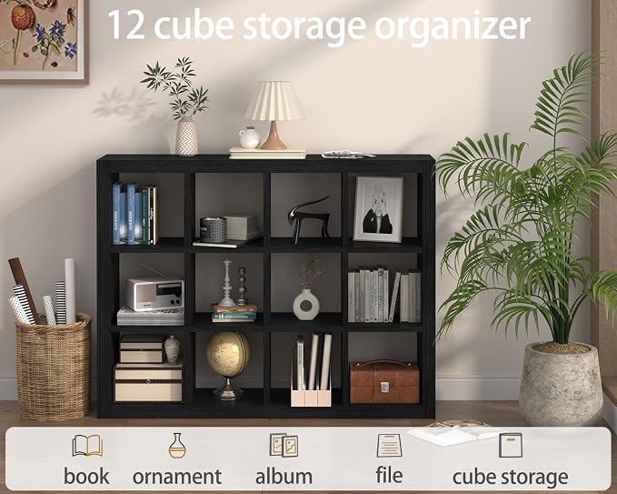 furtble Bookshelf with Storage Bin, 12-Cube Storage Organizer, Modern Wood Open - Image 6