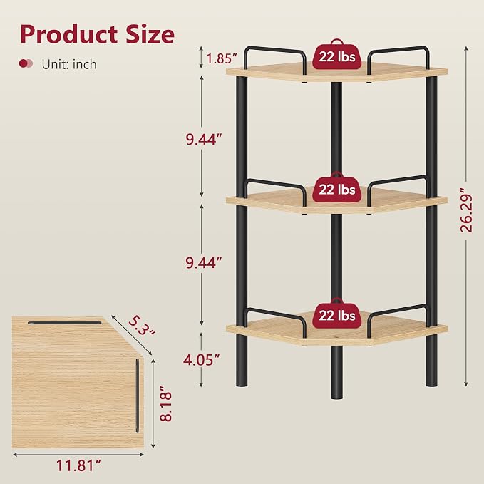 Tajsoon 3 Tier Corner Shelf Stand, Standing Corner Shelf Unit, Natural | Small - Image 3