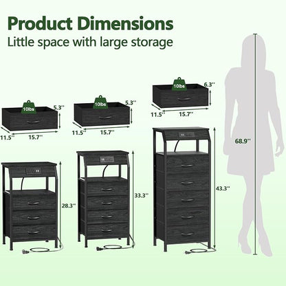 Furnulem Tall Night Stand with Charging Station, 4 Drawers Bedside Table | - Image 9