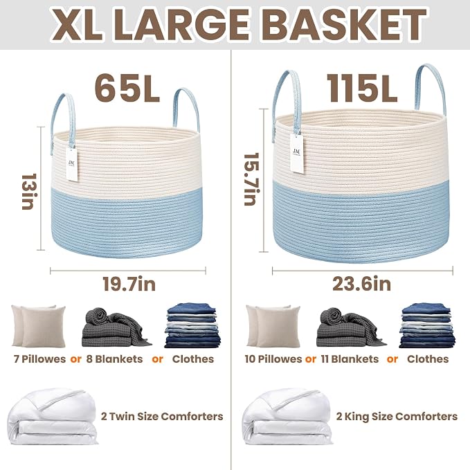 JMvicyroam 65L Extra Large Machine Washable Cotton Rope Blanket Basket | - Image 3