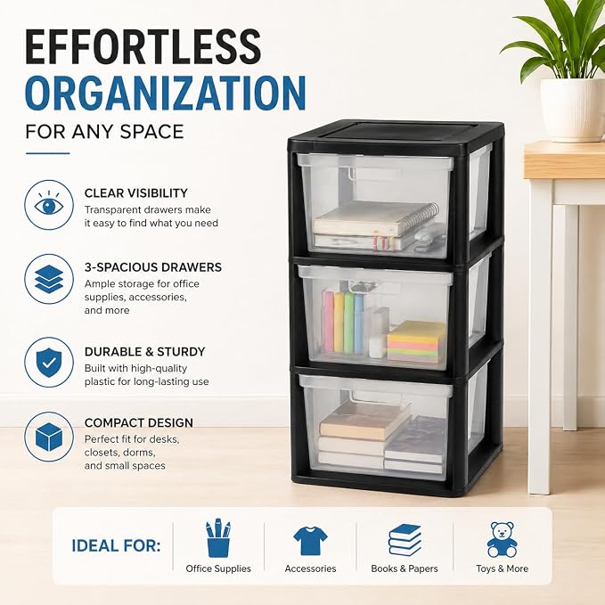 3-Drawer Plastic Storage Organizer Tower, Tool-Free Assembly, 25.25" H - Image 5