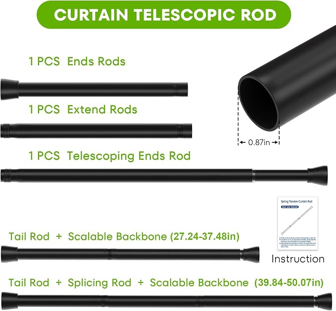 Tension Curtain Rod 2Pack Black Tension Rod Adjustable Curtain Rod No Drilling - Image 3