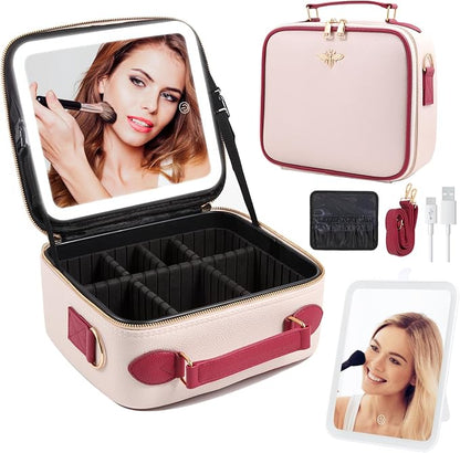 Travel Makeup Bag with Mirror of LED Lighted, Rechargeable Cosmetic Train Case by GERYUAEG