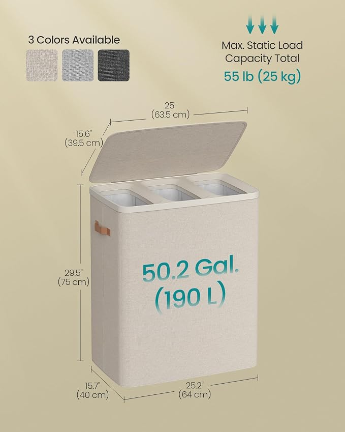 SONGMICS Laundry Basket, 50.2 Gal. Laundry Hamper, 3 Compartments, Easy Assembly - Image 6