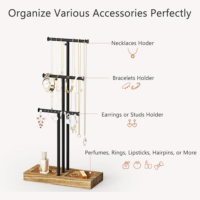 Love-KANKEI Jewelry Organizer Stand Metal & Wood Base and Large Storage - Image 5