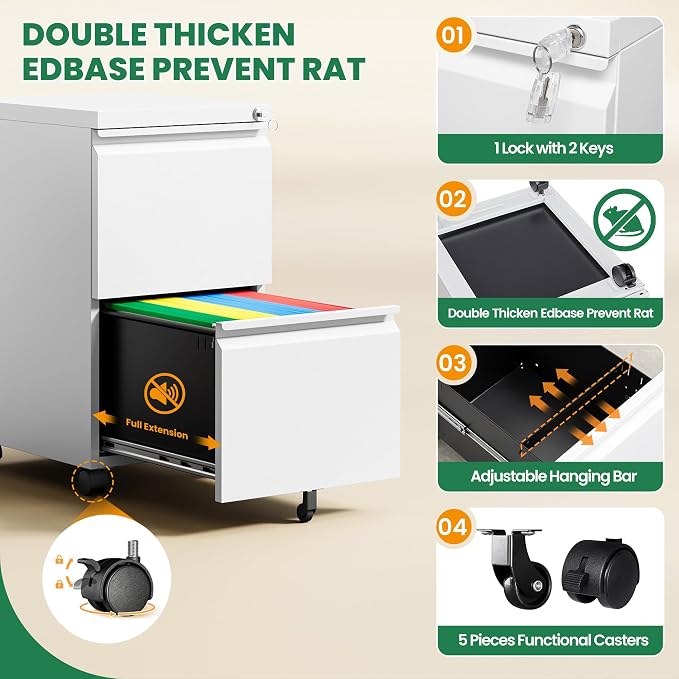 Mobile File Cabinet with Lock, 2 Drawer Under Desk Filing Cabinet with Wheels - Image 4