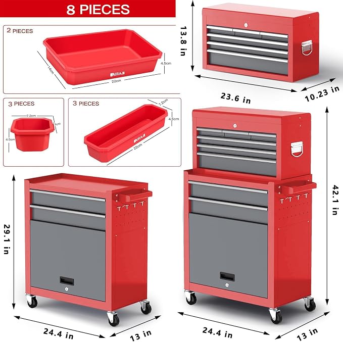 8-Drawer Tool Chest with Wheels, Detachable Top Tool Box, Tool Cabinet with - Image 2