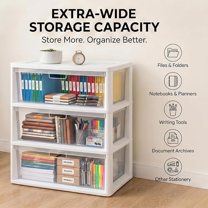3 Drawer Storage Tower, Wide Plastic Floor Organizer - Image 3