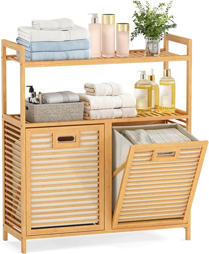 Giantex Double Tilt Out Laundry Hamper w/2-Tier Storage Shelf | 14 Gal Bamboo by Giantex