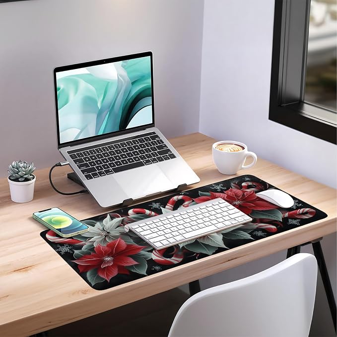 Christmas Flowers Gaming Mouse Pad 35.4"x15.7"Desk Mat Anti-Slip Rubber Base & - Image 7