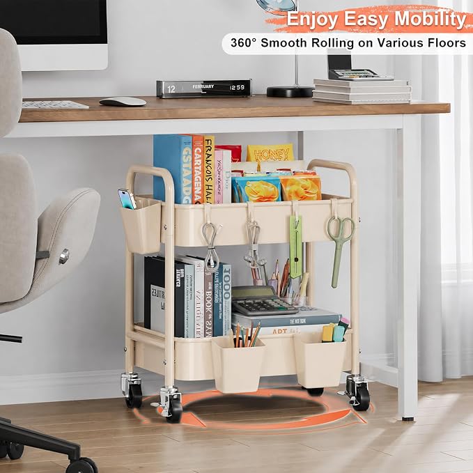 Beige 2 Tiered Small Rolling Cart on Wheels, Diaper Caddy Bedside Cart - Image 5
