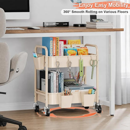 Beige 2 Tiered Small Rolling Cart on Wheels, Diaper Caddy Bedside Cart - Image 5