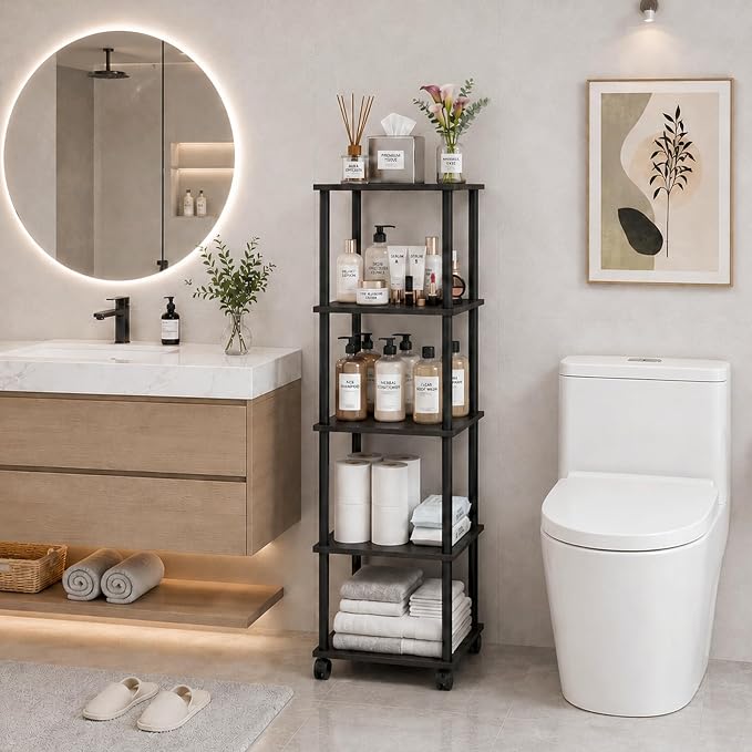 5-Tier 50.4" Tall Black Bathroom Shelving Unit - Image 2