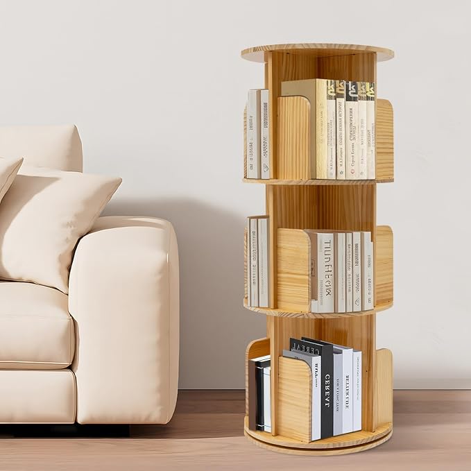 3 Tier Rotating Bookshelf Tower, Wood Revolving 360 Book Shelf, Vertical Rotate - Image 8