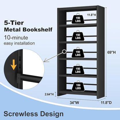 5 Tier Metal Bookshelf, Large Heavy Duty Book Shelves, Industrial Wide Book - Image 2