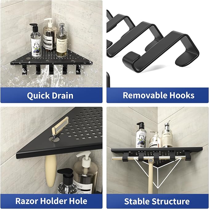 Grout in Shower Shelves with Hooks, 304 Stainless Steel Corner Bathroom Shelf - Image 2