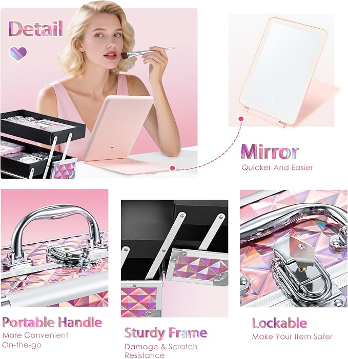 Makeup Case with Lighted Mirror Travel Makeup Organizer Box 2 Trays Lockable - Image 7