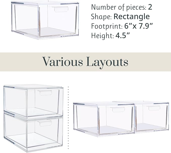 STORi Audrey Stackable Clear Bin Plastic Organizer Drawers | 2 Piece Set | - Image 7