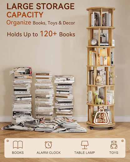 IUNVR Rotating Bookshelf, 6 Tier Solid Wood Bookshelf Tower - Image 3