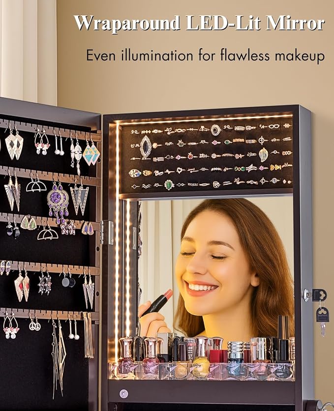 LUXFURNI Mirror Jewelry Cabinet 79 LED Lights Wall-Mount/Door-Hanging Jewelry - Image 5