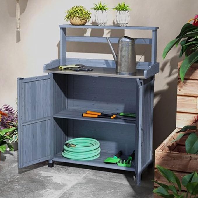 Outdoor Potting Bench with Storage Cabinet and Metal-Plated Tabletop, Top - Image 3