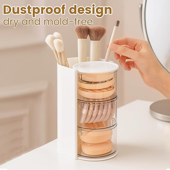 Rotating Makeup Organizer with Brush Holder, DIY 3-Layers Drawer Skincare & - Image 2
