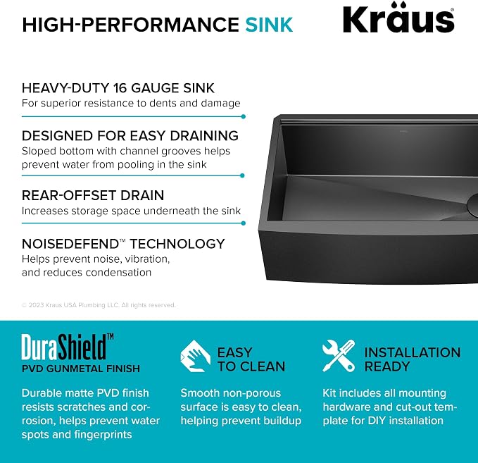 KRAUS Kore Workstation 33-inch Farmhouse Modern Flat Apron Front 16 Gauge Black - Image 13