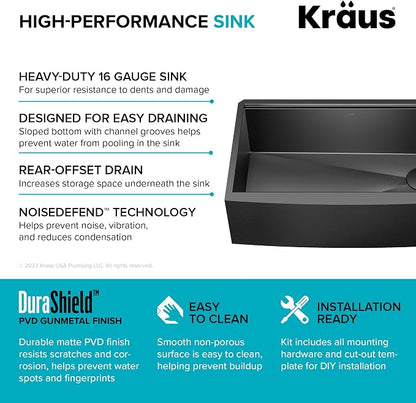 KRAUS Kore Workstation 33-inch Farmhouse Modern Flat Apron Front 16 Gauge Black - Image 13