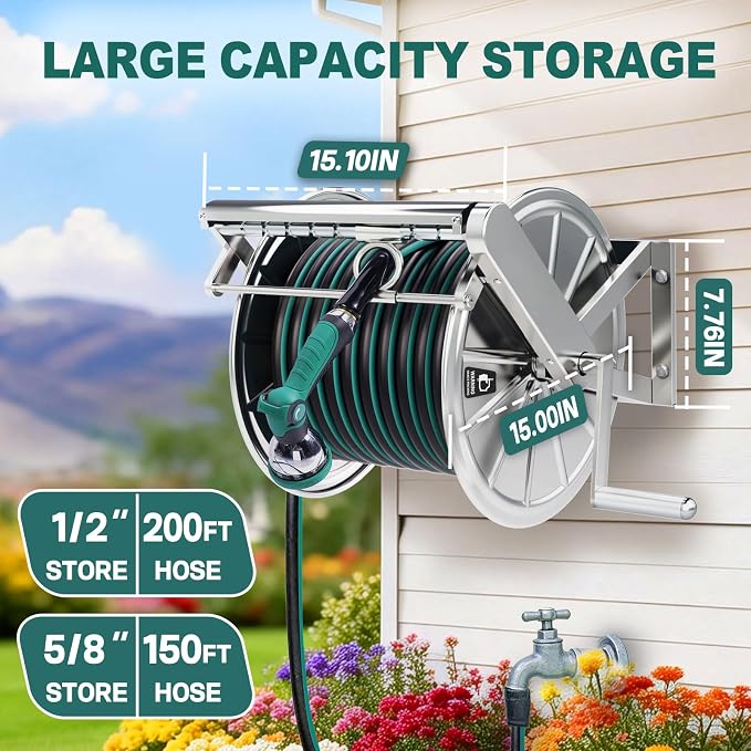 Stainless Steel Garden Hose Reel Heavy Duty, Wall Mount Water Hose Holder - Image 4