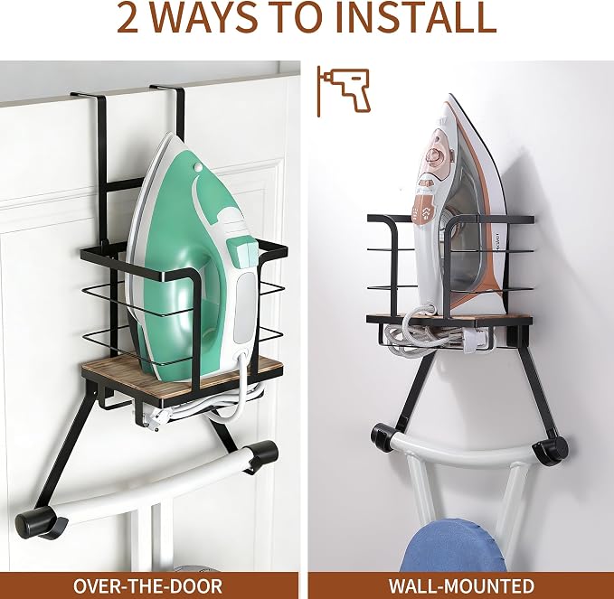 Ironing Board Hanger Wall Mount, Over the Door Iron Board Holder, Wooden & - Image 3