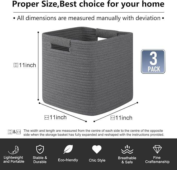 OIAHOMY Storage Cubes 11 Inch Storage Bins-3 Pack, Cotton Rope Woven Baskets - Image 3
