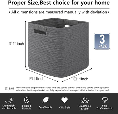 OIAHOMY Storage Cubes 11 Inch Storage Bins-3 Pack, Cotton Rope Woven Baskets - Image 3