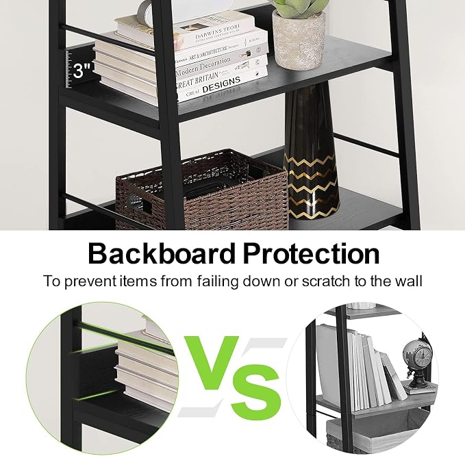Himimi Black Ladder Bookshelf, 5 Shelf Bookcase Industrial Bookshelf Wood and - Image 4