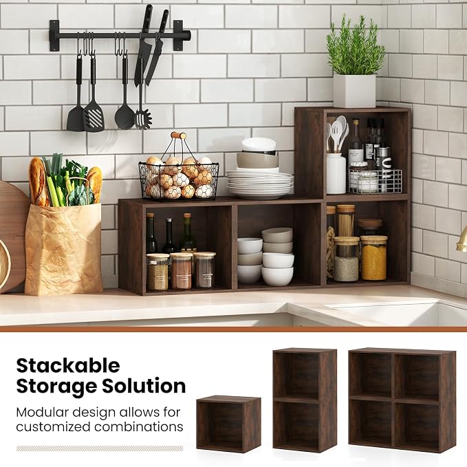 Giantex 4-Cube Bookcase, Stackable Cube Storage Organizer w/Open Bookshelf - Image 4