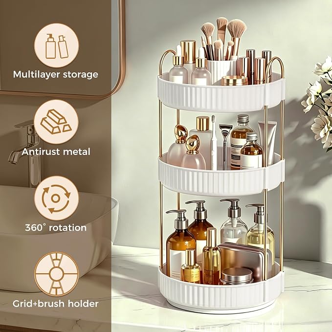 360° Rotating Makeup Organizer, Upgraded 3 Tier Skincare Perfume Organizers - Image 5