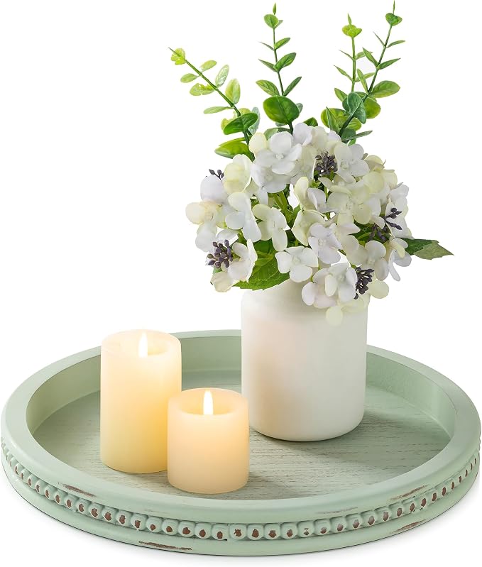 Hanobe Sage Green Decor Tray, Beaded Edge & Distressed Finish | 10.4" round by Hanobe