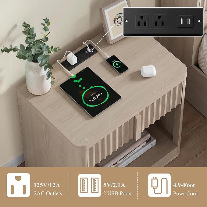 Fluted Nightstand with Charging Station, 23.6" End Table with Solid Wood Handle - Image 4