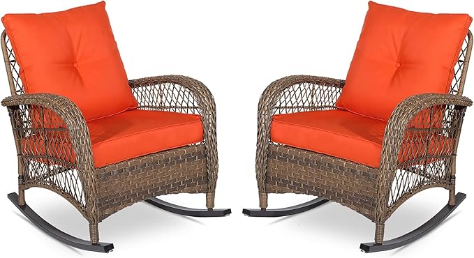 VIVIJASON 2 Piece Patio Wicker Rattan Rocker Chair, Outdoor Rattan Rocker Chair by VIVIJASON
