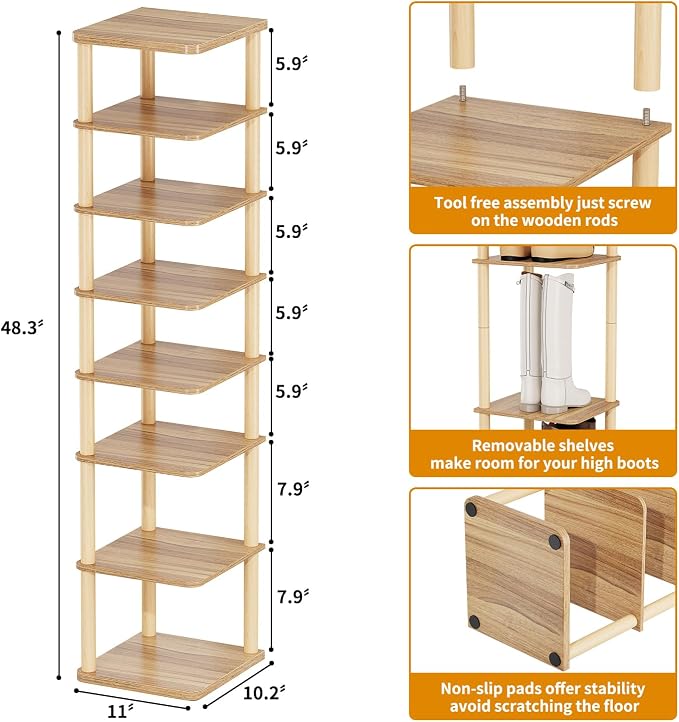 LUCKNOCK Vertical Shoe Rack, 8-Tier Tall Narrow Shoe Organizer - Image 2