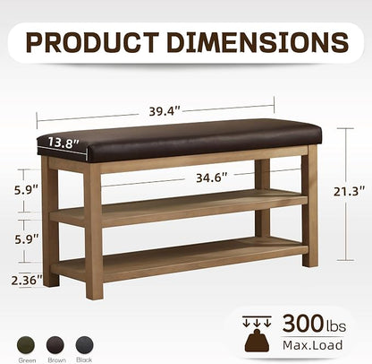 Zihanhome Shoe Rack Bench with Leather Cushion, 2 Tier Solid Wood Storage Bench - Image 2