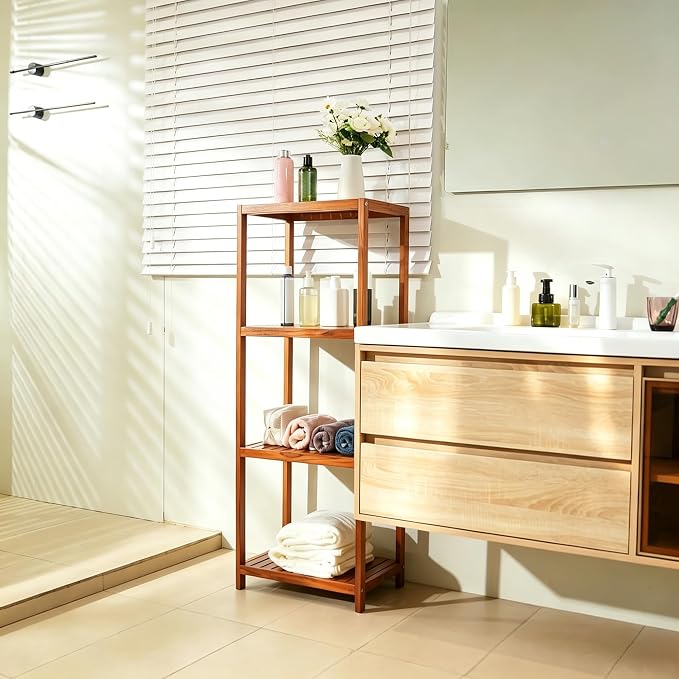 VaeFae Teak Bathroom Shelf, 4-Tier Storage Shelf, Wooden Stand Shelf Organizer - Image 2