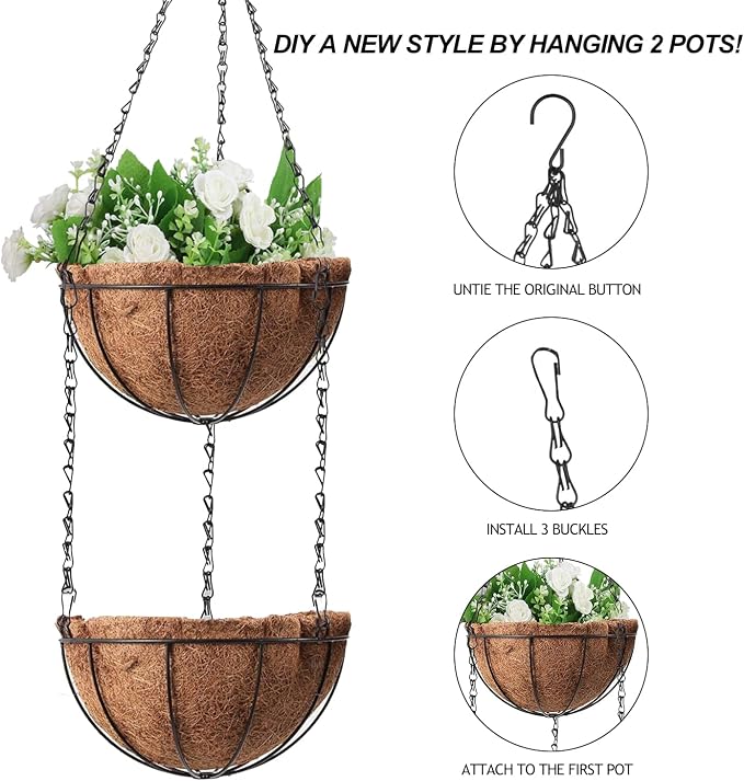 Wizdar Metal Hanging Planters Basket, 12 Inch Round | Coco Coir Liner, Wire - Image 5